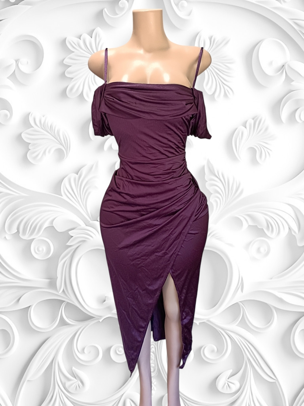 Off-Shoulder Ruched Midi Dress in Plum